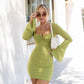 Flare Long Sleeve Ruched Bodycon Dress