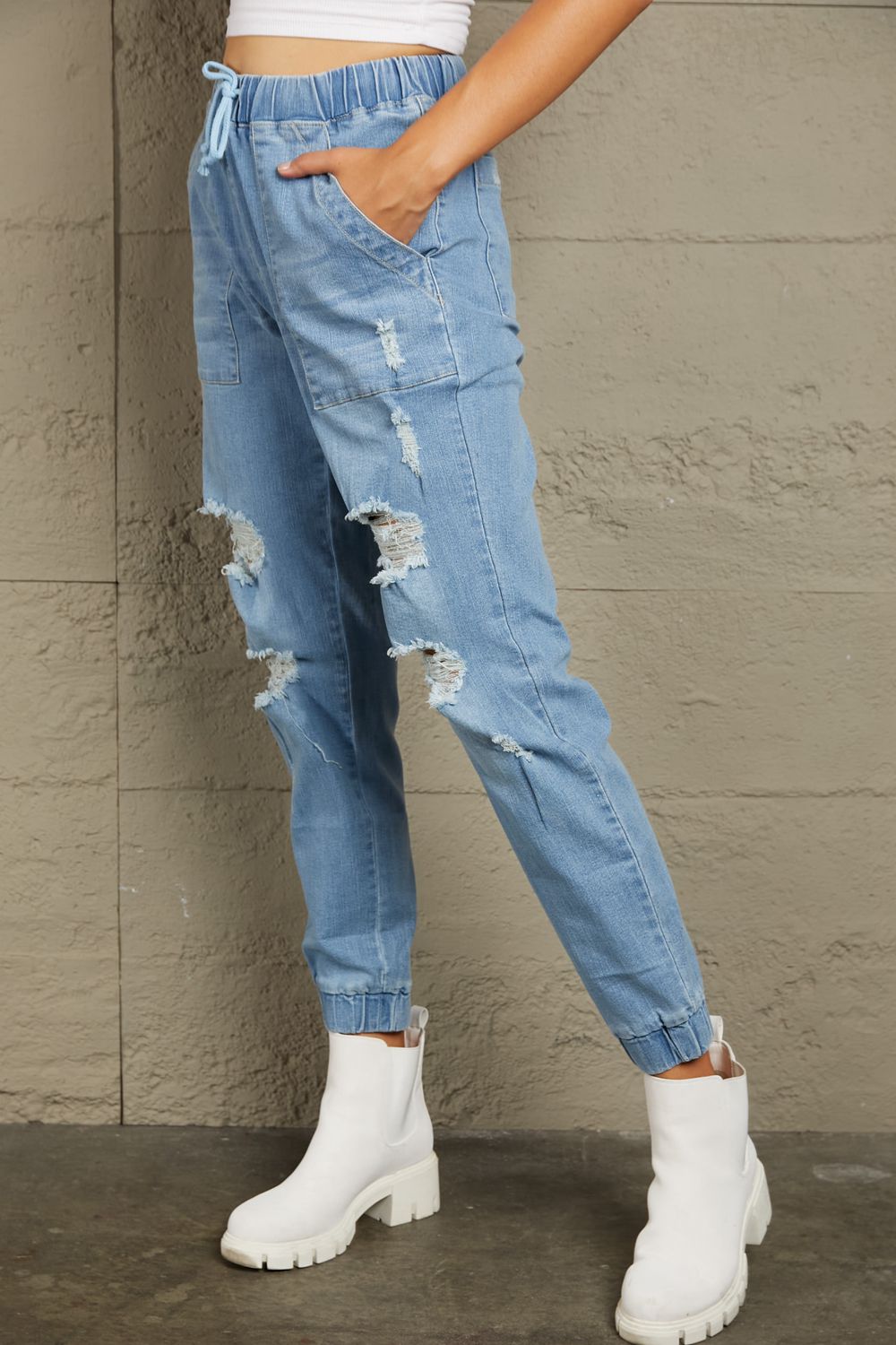 Distressed Denim Pocketed Joggers