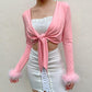 Pink Knot Tie Feather Sleeve Blouse