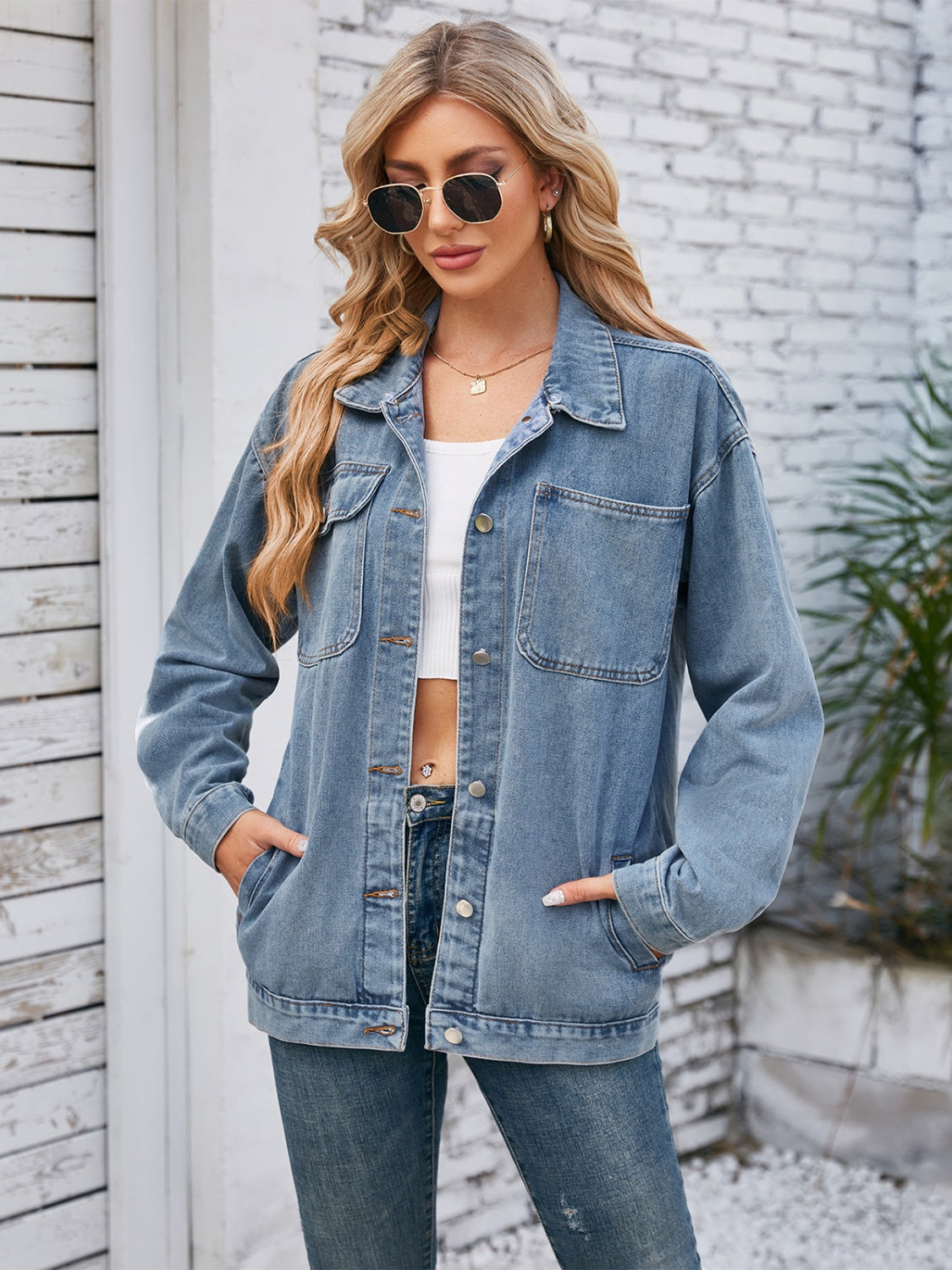 Pocketed Button Up Detachable Hooded Denim Jacket