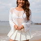 Openwork Boat Neck Long Sleeve Cover-Up
