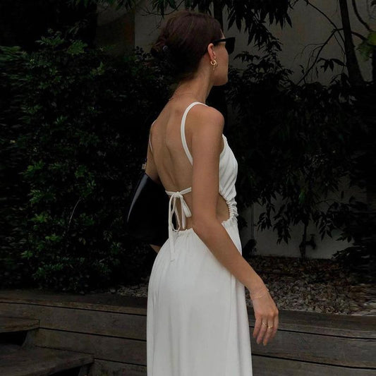 Hollow Out White Midi Backless Dress