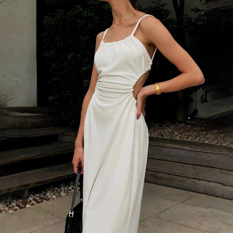 Hollow Out White Midi Backless Dress