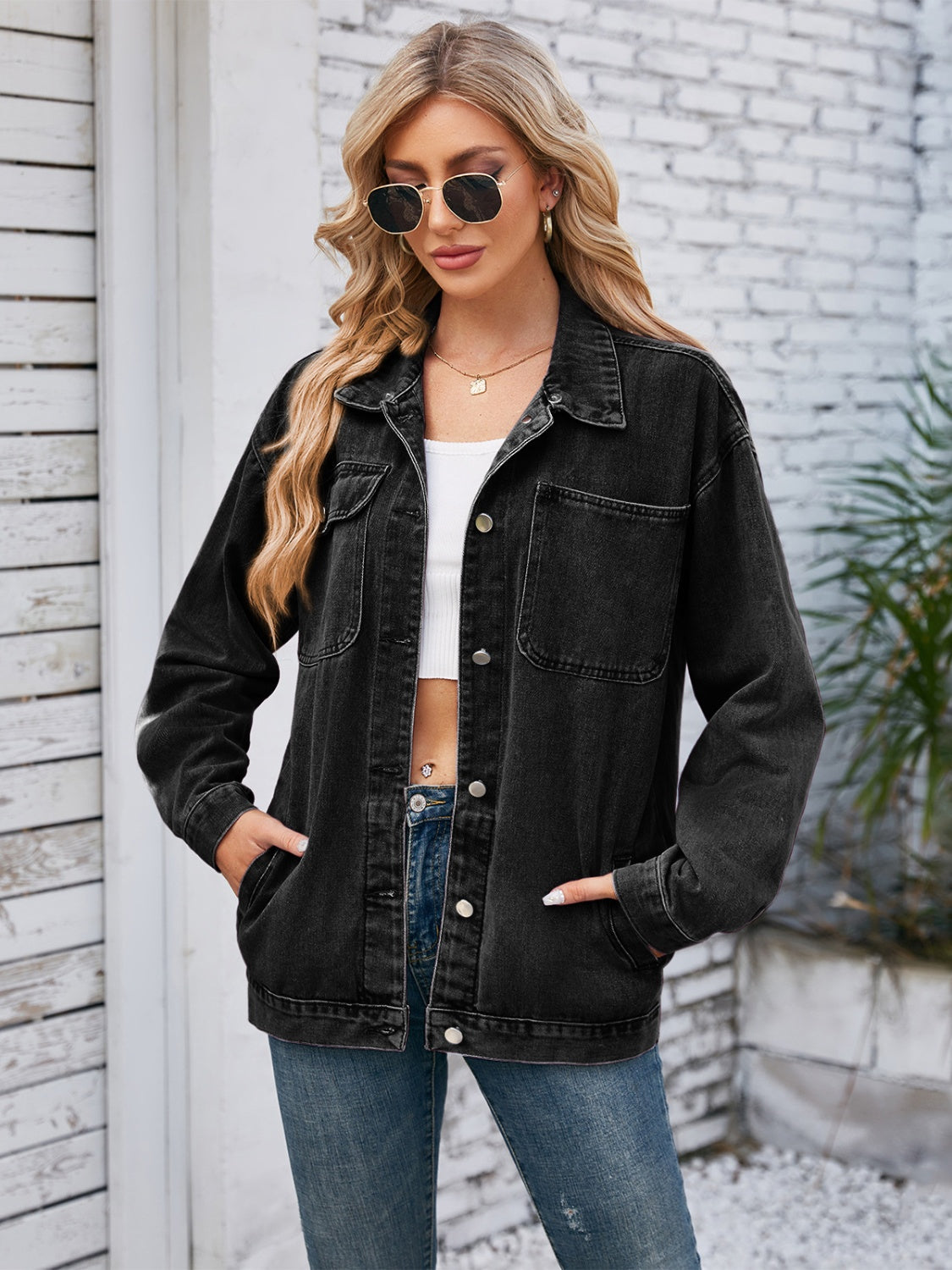 Pocketed Button Up Detachable Hooded Denim Jacket