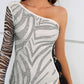 Animal Print Rhinestone Slit Single Shoulder Dress