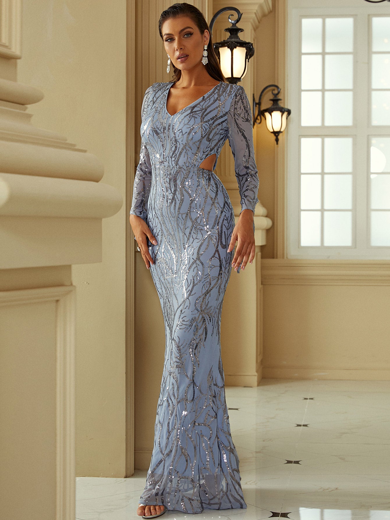 Royna Sequin Cutout Flare Sleeve Dress