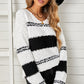 Striped V-Neck Popcorn Knit Sweater