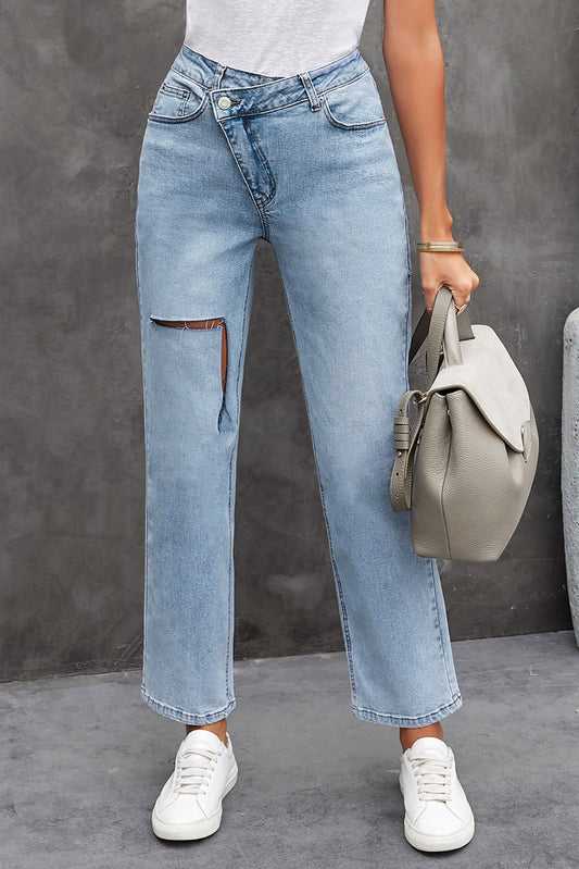 Aryan Asymmetrical High Waist Distressed Jeans