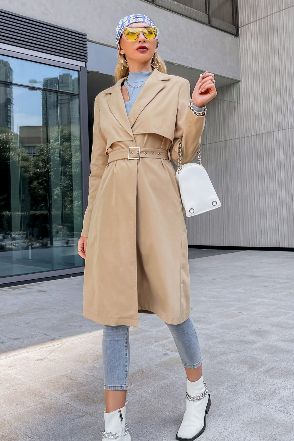 Glory Lapel Collar Belted Trench Coat with Pockets