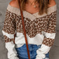 Leopard Color Block Off-Shoulder Sweater