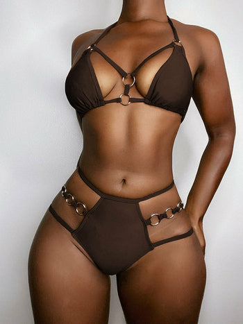 Aslesha Hollow Out Steel Ring Lace-up Swimsuit