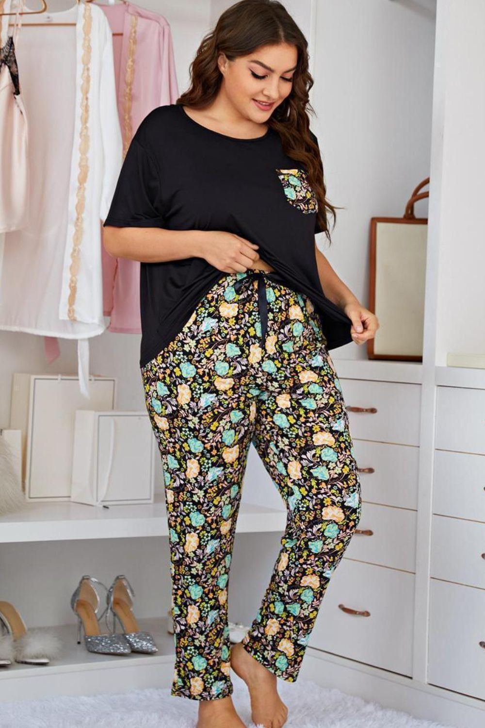 Contrast Round Neck Tee and Floral Pants Lounge Set