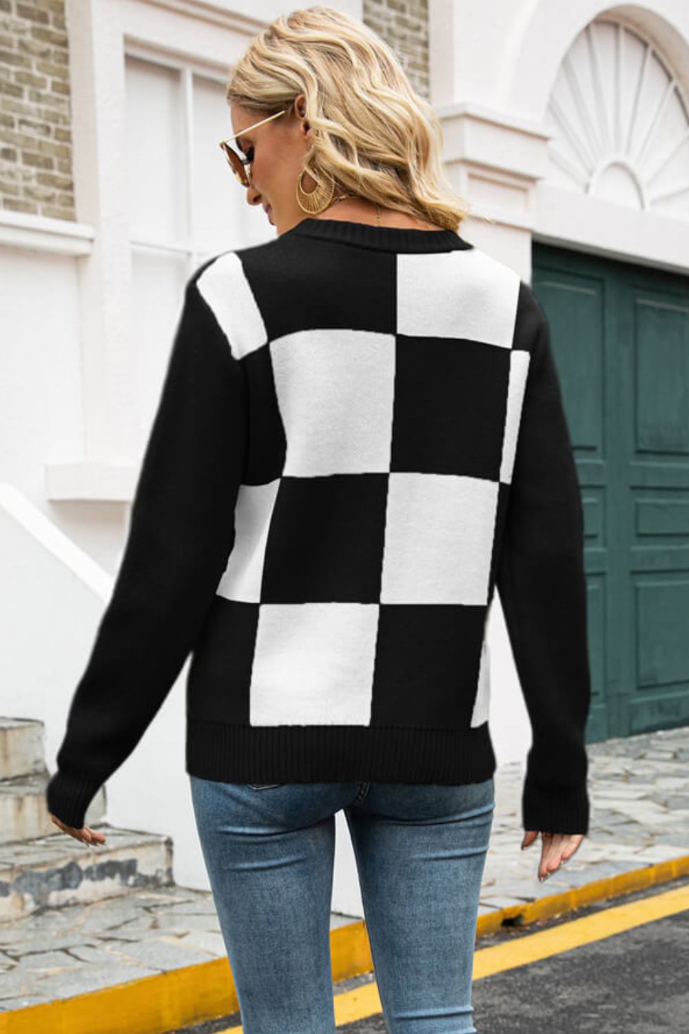 Checkered Round Neck Ribbed Trim Sweater
