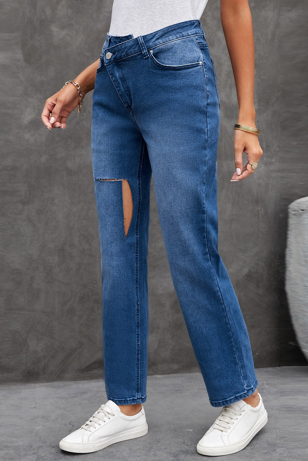 Aryan Asymmetrical High Waist Distressed Jeans
