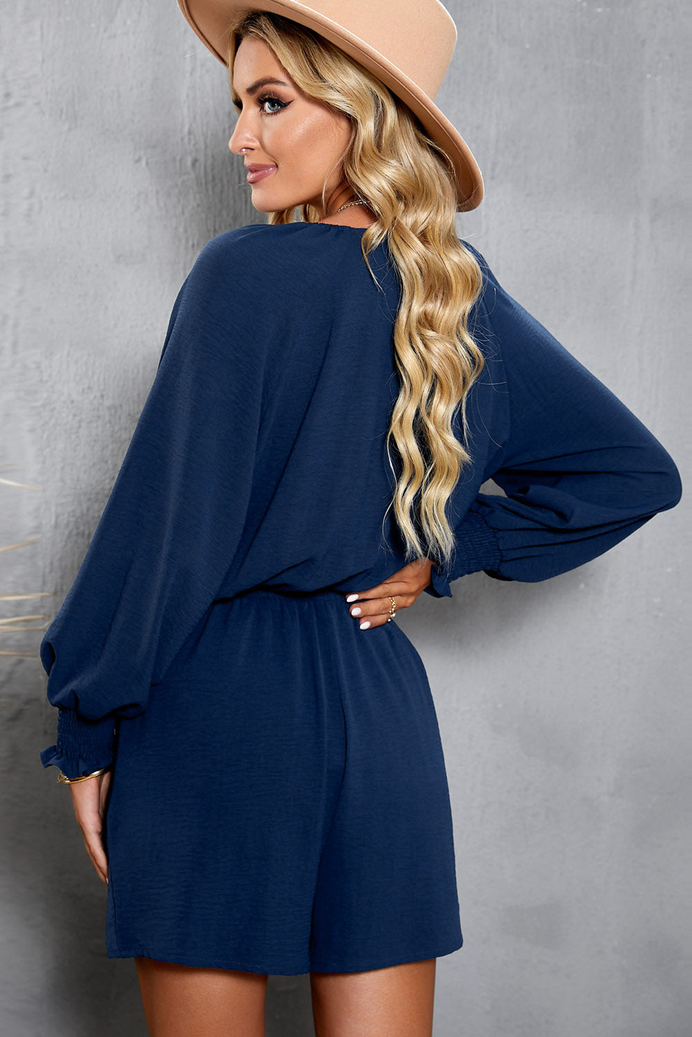Tie Front Deep V Puff Sleeve Romper with Pockets